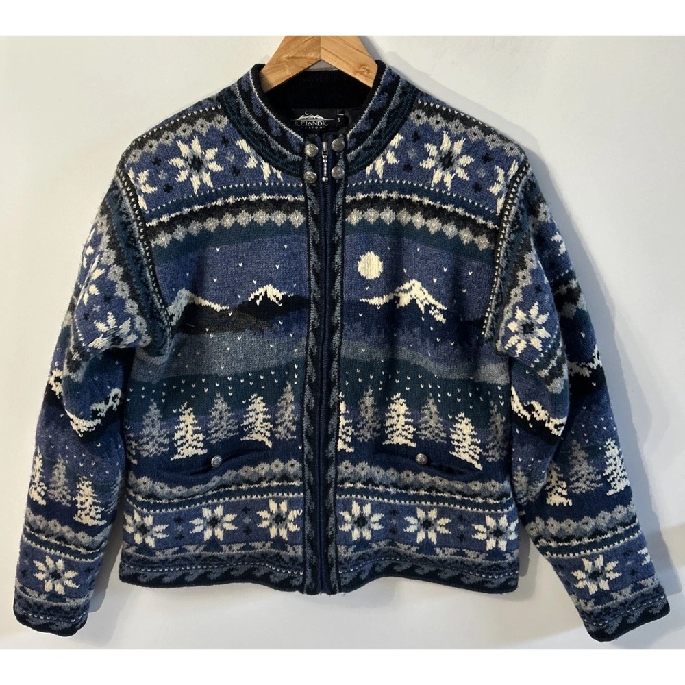 Icelandic Design Zip Cardigan 100% Wool Mountains Moon Trees Sz Small